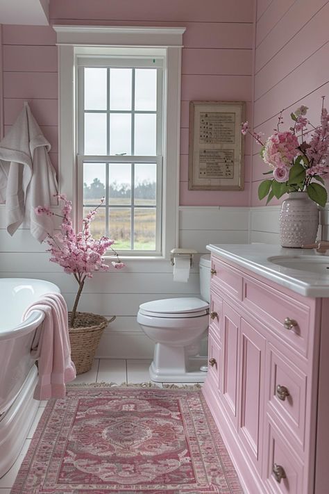 Pink Cottage Bathroom, Pink Shabby Chic Bathroom, Pink Bathroom Decor Ideas Inspiration, Coloured Bathroom Ideas, Pink And White Bathroom Ideas, Bathroom Inside Bedroom, Feminine Bathrooms, En Suite Bathroom Ideas, Pink Tiny House