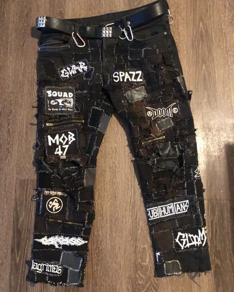 Scum Pants on Instagram: "by @g0repot - - - Tags: #scumpants #scum #patchwork #patchjeans #patchjeans #style #streetwear #streetstyle #denim #jeans #sewing #handstitched #handstitching #diy #custom #clothes #clothing #pants #patchpants #patches #trousers #customjeans #customjeans #customdenim #customclothes #customclothing #diyclothes #diyclothing #diyjeans #diypants" Patch Pants Diy, Punk Pants Diy, Crust Pants Patch Ideas, Crust Punk Pants, Punk Trousers, Crust Pants, Jeans Sewing, Punk Diy, Punk Jeans