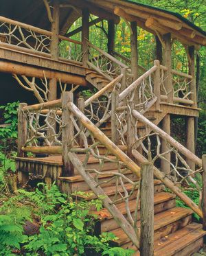 exterior stairs with natural wood handrail and balustrade. Rustic Staircase, Rustic Stairs, Wood Handrail, Exterior Stairs, Porch Railing, Lan Can, Cabin Living, Fence Ideas, Design Exterior