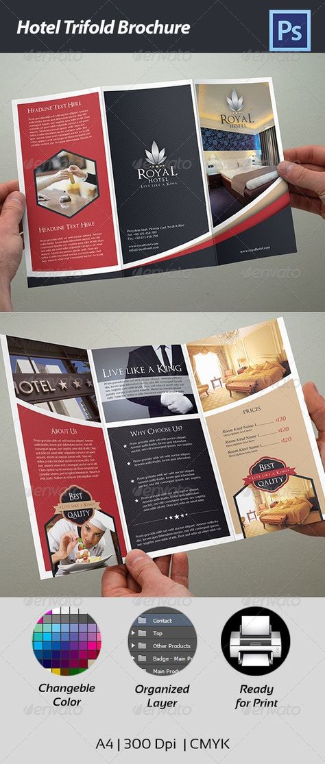 Hotel Trifold Brochure Corporate Brochure Template by Cr8iveStudio. Brochure Graphic, Brochure Design Creative, Brochure Design Layout, Brochure Inspiration, Professional Brochure, Trifold Brochure Design, Leaflet Design, Folder Design, Trifold Brochure Template