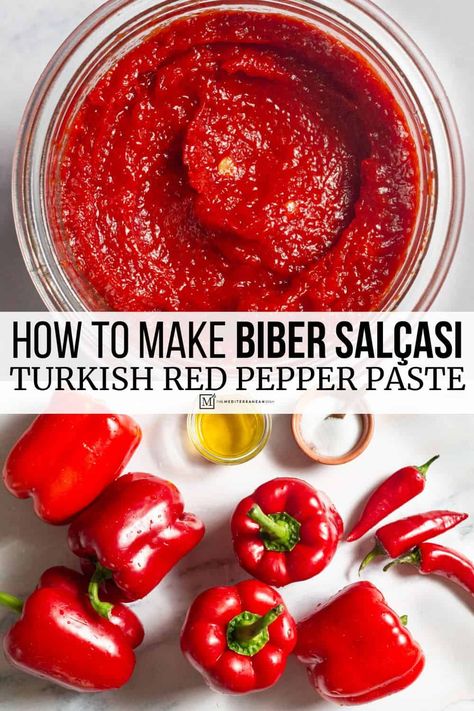 Turkish red pepper paste is a thick, concentrated paste made from dried red peppers that's used just like tomato paste. Learn how to make it the easy way with this red pepper paste recipe. Pepper Paste Recipe, Mediterranean Sauces, Mediterranean Sauce, Kitchen 101, Easy Sauces, Graze Board, Turkish Spices, Roasted Bell Peppers, Mexican Salsa Recipes