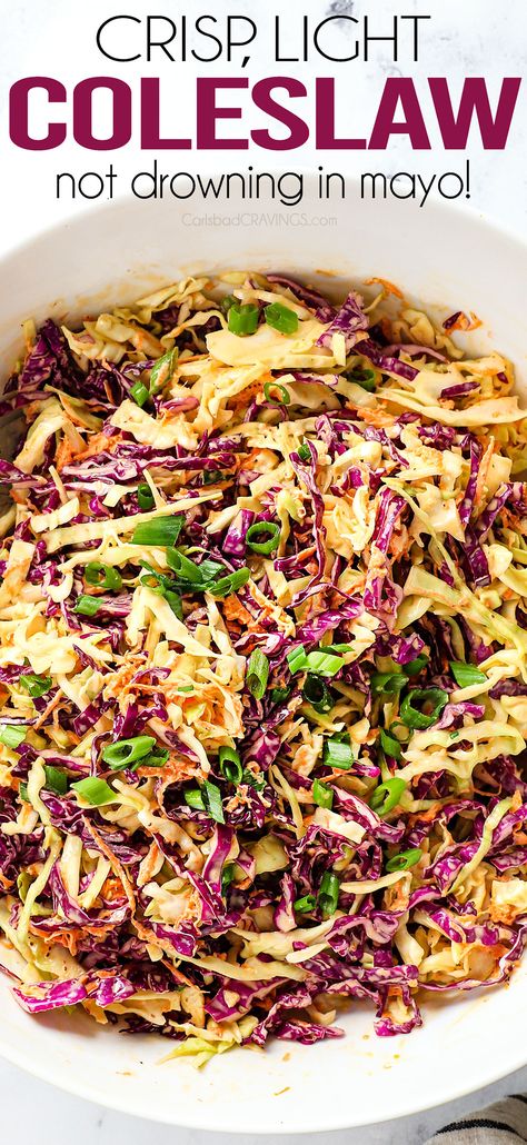 This homemade coleslaw recipe is simply the best (NOT drowning in mayo)! It’s quick and easy, cold, crisp and creamy and the perfect balance of tangy and sweet! #recipes #recipeoftheday #recipeideas #recipeseasy #coleslaw #coleslawrecipe #creamycoleslaw #easycoleslaw #potluck #potluckrecipe #potluckrecipes #potluckside #potlucksidedish #sidedish #sidedishrecipes #sidedishrecipe #salad #saladrecipe #saladrecipes Caulslaw Recipe, Coleslaw Recipe For Brisket, Italian Coleslaw Recipes, Coslow Salad Recipe, Coslaw Recipes, Coleslaw For Pulled Pork, Traditional Coleslaw Recipe, Cilantro Lime Chicken Tacos, Taco Salad Ingredients