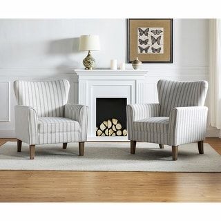 Warren Farmhouse Striped Wingback Chair with Solid Wood Legs Set of 2 by HULALA HOME - Bed Bath & Beyond - 37127355 Striped Armchair, Moodboard Pictures, Pattern Accent Chair, Kitchen Cozy, Striped Chair, Cozy Seats, Accent Chair Set, Chairs For Living Room, Contemporary Chairs