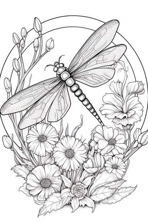 Floral Pyrography, Embroidery Dragonfly, Dragonfly Drawing, Adult Coloring Books Printables, Coloring Page For Adults, Flowers Coloring, Adults Coloring, Adult Coloring Designs, Detailed Coloring Pages