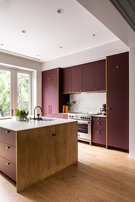 The Insider: Carroll Gardens Townhouse Gets Burgundy Kitchen | Brownstoner Burgundy Kitchen, Arched Entry Doors, Red Windows, Penny Tile Floors, Stairs In Kitchen, Parlor Floor, Brooklyn Design, Big Kids Room, Double French Doors