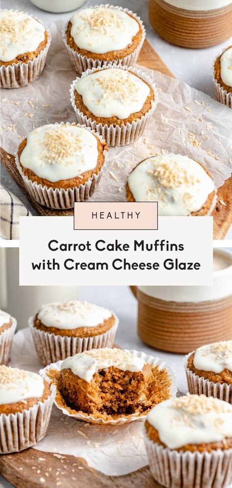 Healthy carrot cake muffins packed with carrots, coconut, raisins and nuts. These deliciously moist carrot cake muffins are naturally sweetened with pure maple syrup and applesauce. Top them with a light cream cheese glaze for a delicious snack or healthy treat! #muffins #carrotcake #easter #healthysnack #healthybreakfast Best Healthy Carrot Cake, Vegan Carrot Cake Muffins, Ambitious Kitchen Recipes, Baking With Applesauce, Healthy Carrot Cake Muffins, Muffins With Cream Cheese, Moist Carrot Cake, Healthy Carrot Cake, Dairy Free Cream Cheese