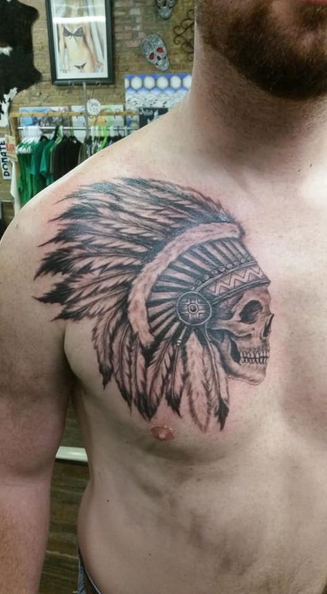 Indian Chief by Pork Chop - Fort Worth, TX Indian Shoulder Tattoo, Chief Tattoo Men, Left Shoulder Tattoo For Men, Indian Tattoos For Men, Indian Headdress Tattoo, Indian Chief Tattoo, Chief Tattoo, Comanche Indians, Indian Skull Tattoos