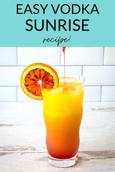 Do you know how to make a vodka sunrise? It is the perfect summer drink! It's a great cocktail that echoes the colors of tropical sunrise from deep red to bright orange. And it's refreshing, fruity, and delicious. It's so easy and fun, this vodka sunrise recipe should be on your list of go-to cocktails! Mixed Drinks With Orange Juice, Red And Yellow Drinks, Vodka Sunrise Cocktails, Orange Color Cocktails, Fruity Vodka Cocktails, Tropical Sunrise Drink, Mango Vodka Drinks Recipes, Fun Vodka Drinks, Orange Vodka Drinks