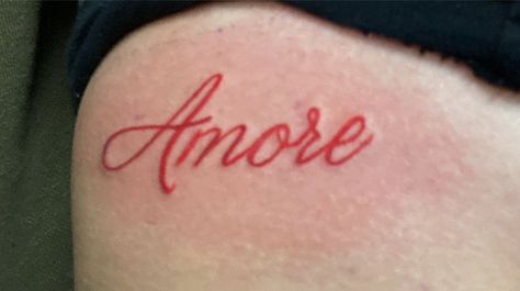 Italian Word Tattoos, Amore Tattoo Fonts, Latin Word Tattoos, Amar Tattoo, Tattoo Red Ink, Amor Tattoo, Cursive Tattoo, Tattoo Red, Cursive Tattoos