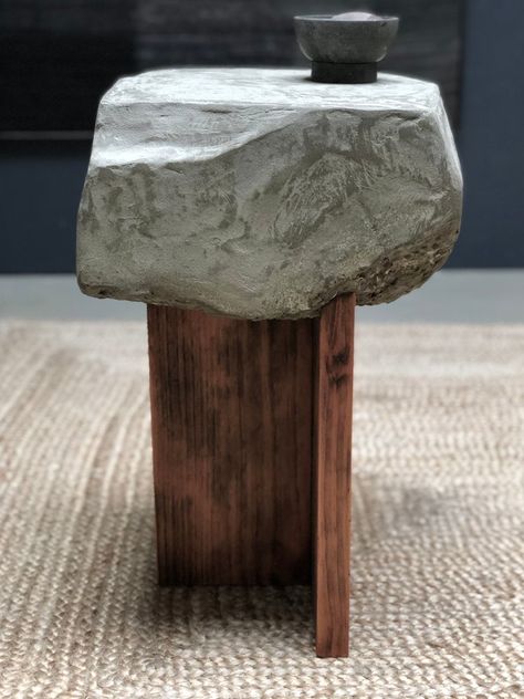 Wood And Stone Table, Rock Furniture, Rock Table, Stone Accent Table, Stone Table, Stone Side Table, Stone Top Side Table, Barn Interior Design, Wooden Truck Bedding