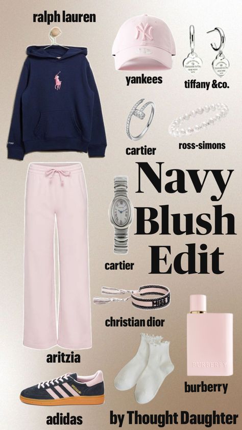 Outfit With Blue Sweater, Pink And Dark Blue Outfit, Navy Blue And Baby Pink Aesthetic, Pink And Navy Blue Outfit, Navy Blue And Pink Outfit, Cold Boat Day Outfit, Blue Cute Outfits, Navy And Pink Outfit, Pink And Blue Outfit