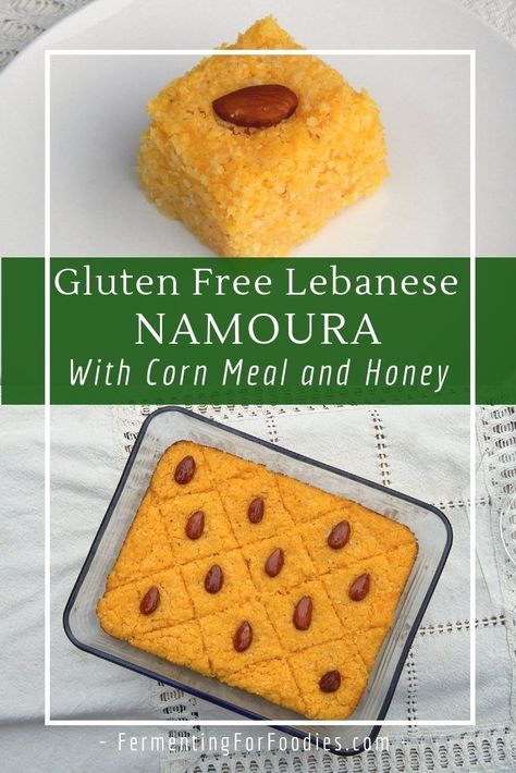 Gluten Free Namoura - Lebanese Honey Cake - Fermenting for Foodies Namoura Lebanese, Gluten Free Breadmaker Recipe, Flavoured Honey, Gluten Free Bread Machine, Lebanese Desserts, Gf Food, Semolina Cake, Middle Eastern Desserts, Corn Meal