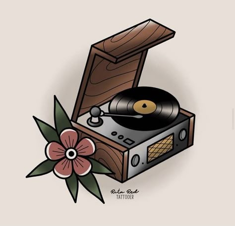 Stereo Tattoo, American Traditional Tattoo Design Old School, Traditional Music Tattoo, Turntable Tattoo, Vinyl Record Tattoo, Traditional Tattoo Music, Record Player Tattoo, Gramophone Tattoo, Vinyl Tattoo