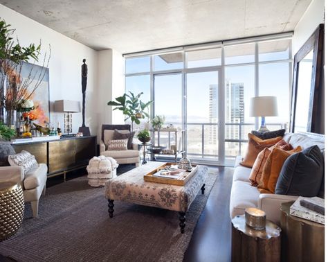 Downtown's Most Beautiful Condo | Interior Designer Teresa Davis shows you how to get an effortlessly layered look in smaller spaces | 5280 #Home #Decor #InteriorDesign #Condo Highrise Condo Decor, Urban Condo Decor Interior Design, Downtown Condo Interior Design, Modern High Rise Apartment Decor, High Rise Condo Decor, Cozy High Rise Apartment, Downtown Apartment Decor, Downtown Living Room, High Rise Apartment Decor