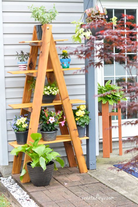 See how to build this A-frame folding plant stand out of western red cedar to beautifully display an outdoor plant collection! Diy Tall Plant Stand Outdoor, Diy Ladder Plant Stand, Plant Shelves Outdoor, A Frame Chicken Coop, Ladder Planter, Garden Shelf, Plant Ladder, Garden Ladder, Wellness Event