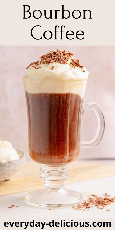 Bourbon coffee is a delicious bourbon-spiked coffee sweetened with maple syrup and topped with whipped cream. It is basically Irish coffee but made with bourbon. It will surely be a treat for all bourbon drinkers! Coffee With Whiskey, Bourbon Coffee Drink, Bourbon Cream Coffee Drinks, Warm Bourbon Cocktails, Bourbon Coffee Cocktails, Coffee Martini Recipe, Caramel Syrup Recipe, Spiked Coffee, Bourbon Coffee