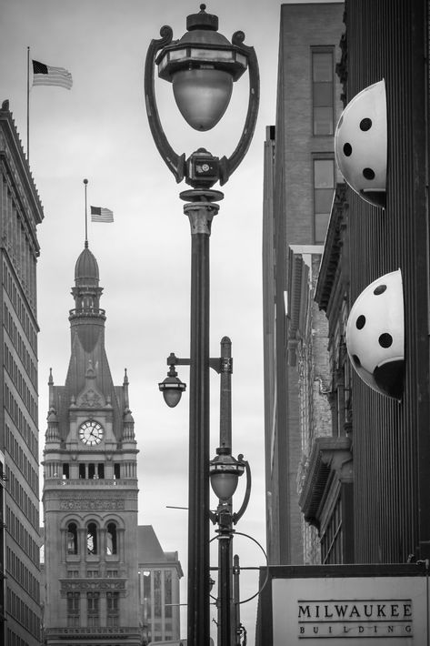 B&W Milwaukee City Hall, Milwaukee Building, MKE, Wisconsin Photography Wisconsin Photography, Milwaukee City, 18x24 Frame, Lamp Posts, Lantern Post, Lady Bags, Print On Wood, Photo Matting, Print Black And White