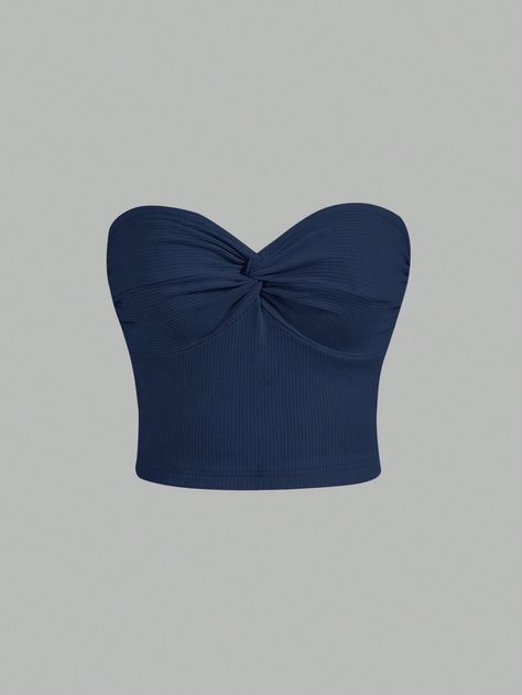 Azul Marino Casual Collar sin mangas Tela tejida Liso  Embellished Elástico Ligero Tube Tops Outfit, Wish List Clothes, Blue Top Outfit Ideas, Navy Blue Clothes, Navy Tube Top, Cropped Shein, Blue Top Outfit, Blue Summer Top, Dark Blue Top