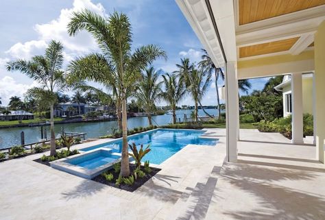 Pool With Palm Trees, Above Ground Fiberglass Pools, Blue Haven Pools, Pool House Decor, Pool Pavers, Florida Pool, Luxury Swimming Pools, Cool Swimming Pools, Pool Waterfall