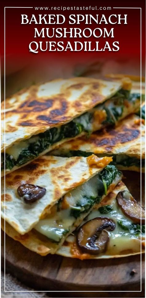 A delicious and easy vegetarian quesadilla filled with melted mozzarella, cheddar, sautéed spinach, and mushrooms. Perfect for a quick meal or appetizer. Spinach Quesadilla, Mushroom Quesadillas, Cheesy Quesadilla, Spinach And Mushrooms, Vegetarian Quesadilla, Baked Spinach, Spinach And Mushroom, Spinach Tortilla, Spinach Mushroom