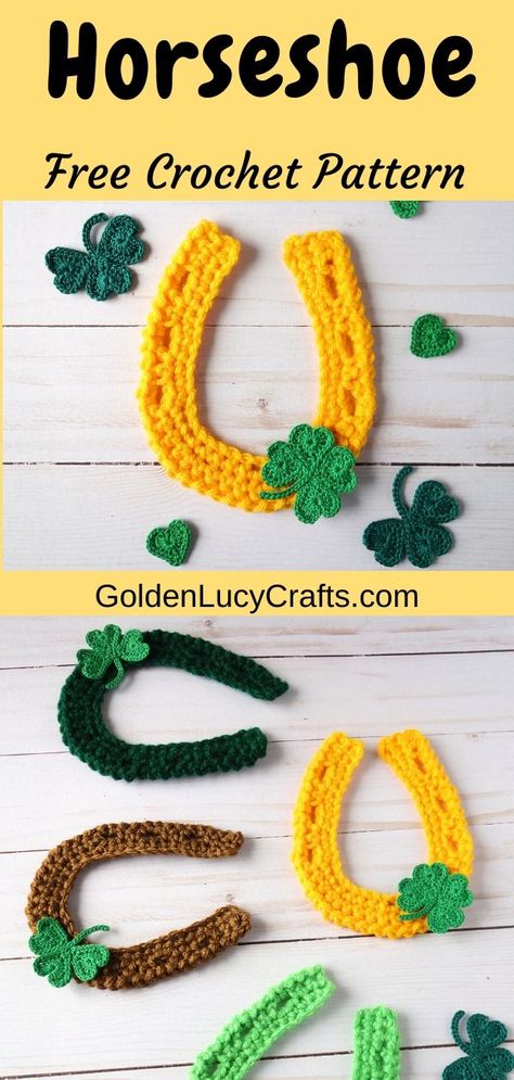 This crochet Horseshoe applique will make a great embellishment not only for St. Patrick’s Day! Crochet horseshoe applique, free crochet pattern, St. Patrick's Day, lucky horseshoe, shamrock, embellishment, decoration Crochet Horseshoe, Holiday Crochet Patterns, Crochet Thread Size 10, St Patricks Crafts, Crochet Applique Patterns Free, Crochet Horse, Crochet Abbreviations, St Pats, All Free Crochet