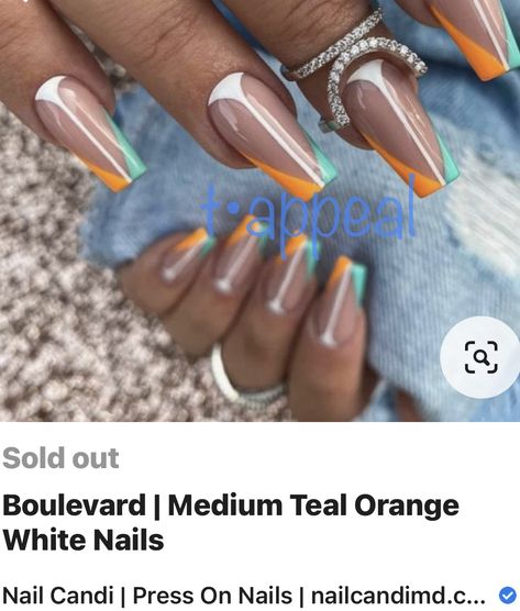 Orange And Teal Nails, Teal And Orange Nails, Teal Nails, Teal And Orange, Teal Orange, Orange Nails, White Nails, Press On Nails, Summer Nails