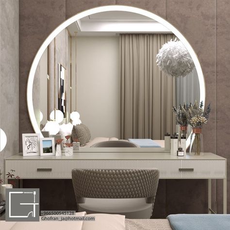 French Style round mirror Dressing table designs  in bedroom inspiration New Classic Bedroom, Modern Dressing Table Designs, Modern Dressing Table, Mirror Dressing Table, Mirror Dressing, Ganpati Decoration At Home, Mirror Bedroom, Luxe Bedroom, Interior Design Per La Casa