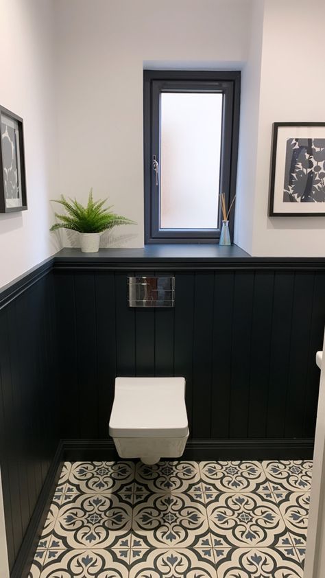 Wooden panelled toilet with navy and white theme Panelled Walls Cloakroom, Small Toilet Room Panelling, Cloakroom Toilet Tiles, Panelled Walls Bathroom Ideas, Small Panelled Bathroom, Panelled Downstairs Loo, Panelled Wc, Navy Toilet Room, Panelling In Toilet