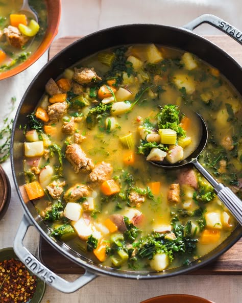 Sausage, Potato and Kale Soup - Whole30 | PrimalGourmet Sausage Potato Kale Soup, Whole30 Sausage, Potato And Kale Soup, Soup Sausage, Primal Gourmet, Sausage And Kale Soup, Kale Soup Recipes, Sausage Kale, Sausage Potato