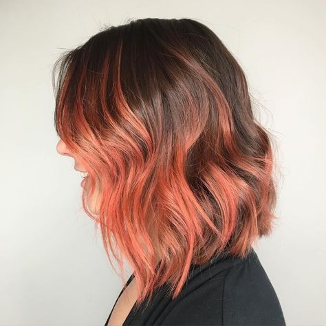 Coral Balayage Hair, Peach And Brown Hair, Coral Balayage, Coral Highlights, Summer Hair Dye, Salmon Hair, Brunette Roots, Coral Hair, Peekaboo Hair