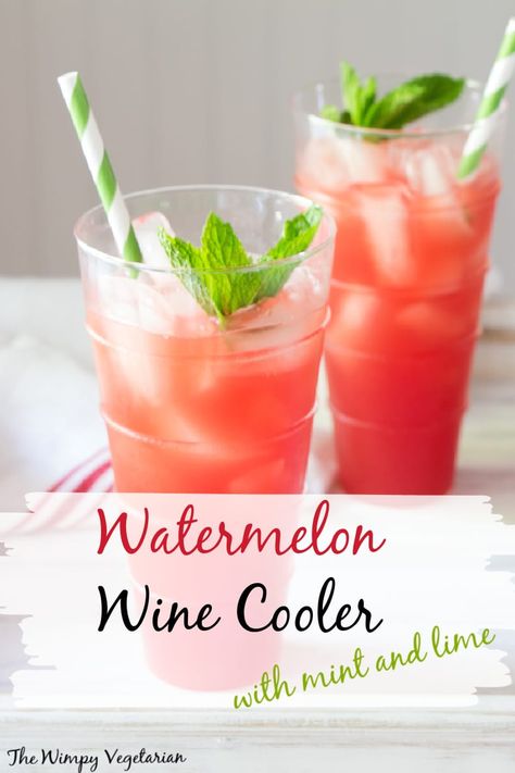 Watermelon wine cooler poured over ice in 2 glasses with sprigs of mint and straws. Watermelon Wine, Mint Syrup, Riesling Wine, Wine Coolers Drinks, Summertime Recipes, Strawberry Wine, Beverage Recipes, Best Cocktail Recipes, Wine Coolers