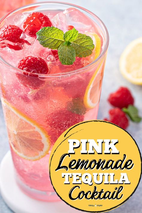 pink lemonade & tequila cocktail Pink Lemonade Tequila Drink, Pink Alcoholic Drinks For A Party Tequila, Pink Panties Drink Cocktails, Lemonade Tequila Cocktail, Girly Tequila Cocktails, Pink Tequila Cocktail, Pink Drink Cocktail, Pink Tequila Drinks, Cute Cocktail Recipes