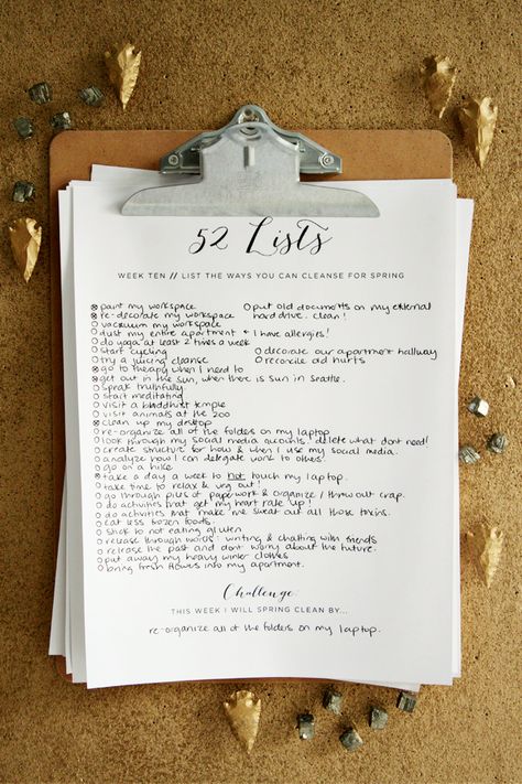 52 Lists, Week 10 // List the Ways You Can Cleanse For Spring 17 Lists That Will Change Your Life, 100 Things Challenge Minimalism, Daily Weekly Monthly Yearly Cleaning, To Do List Example, 52 Lists Project, Organization Bullet Journal, Bill Organization, Journal Lists, Study Organization