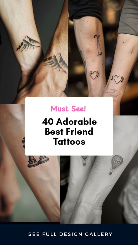 This pin highlights 40 cute best friend tattoos that are subtle and meaningful. It features four inspiring images, showcasing unique tattoo designs perfect for celebrating friendship. Best Friend Tattoos Matching Meaningful, Minimal Best Friend Tattoos, Matching Tattoos For Aunt And Niece, Friendship Finger Tattoos, Finger Matching Tattoos, Tiny Friend Tattoos, Tattoos For Friends Matching, Matching Tattoos For Best Friends Meaningful, Tattoo Ideas For Besties