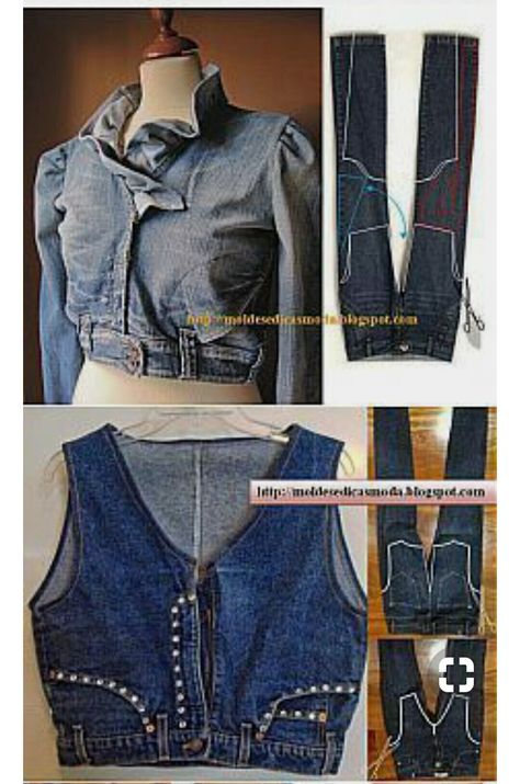 Jean jacket and vest Repurpose Old Jeans, Återvinna Jeans, Ropa Upcycling, Denim Projects, Diy Vetement, Denim Ideas, Recycled Jeans, Recycle Jeans, Denim Crafts