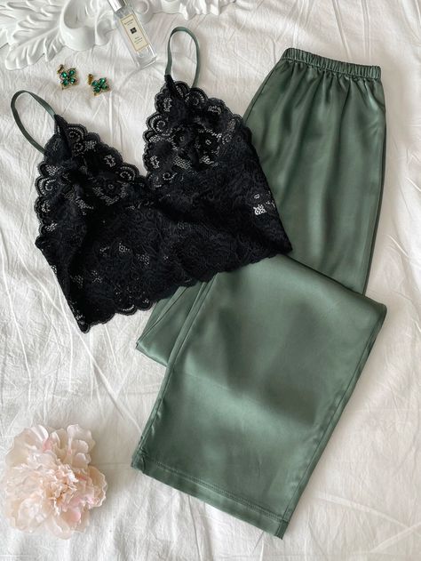 Plus Lace Cami Top With Satin Pants Pajama Set | SHEIN USA Sleeping Outfits, Marriage Clothes, Night Wears, Pijamas Women, Night Set, Top Satin, Pajama Fashion, Sleepwear Fashion, Cute Sleepwear