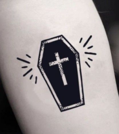 Casket Tattoo, Small Coffin Tattoo Simple, Coffin Sketch, Casket Traditional Tattoo, Small Coffin Tattoo, Black Coffin Tattoo Design, Creepy Coffin Tattoo, Traditional Coffin Tattoo Design, Traditional Tattoo Coffin