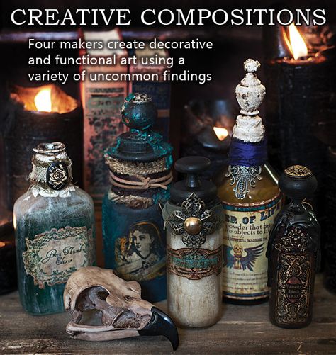 Jewelry Making Article - Inspired by her senses--music, nature, or a simple hug from her children, Griffin translates her emotions into intricate stories through visual imagery and three-dimensional art. See some of her amazing creations and heed some advice from this successful artist. - Fire Mountain Gems and Beads Potion Bottles Halloween, Magic Potion Bottles, Fairy Spells, Bottle Decorations, Halloween Potion, Halloween Potion Bottles, Witch Potion, Halloween Bottles, Festa Harry Potter