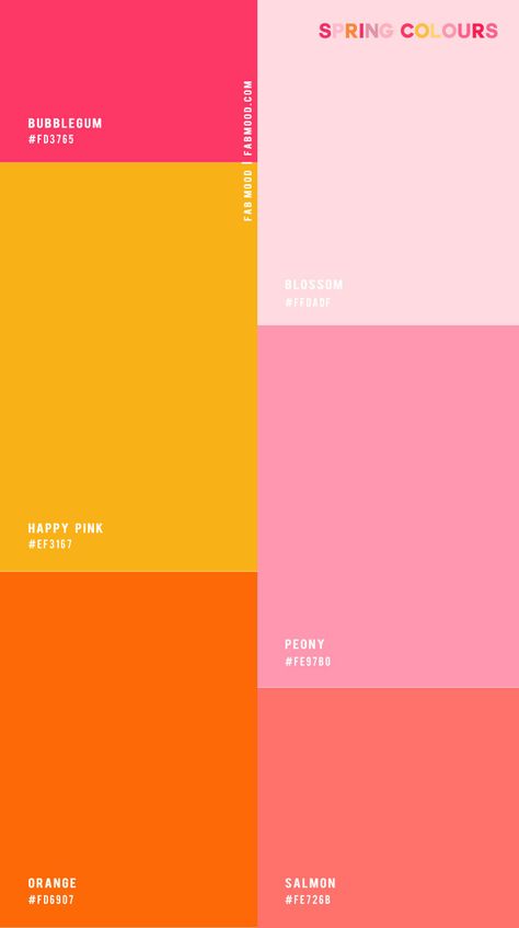 Fruit Punch Color Palette, Bright Sunset Color Palette, Passion Fruit Color Palette, Spring Color Palate, Color Schemes Colour Palettes Pink, Retro Spring Wedding, Colour Palette 4 Colours, Bright And Fun Color Palette, Orange And Pink Colour Palette