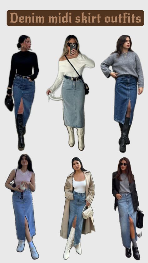 How to style a denim midi skirt in winters Denim Skirt Outfit For Winter, Mid Length Jean Skirt Outfits, Midi Jean Skirt Outfits Fall, Denim Midi Skirt Outfit Fall, Styling Jean Skirt, Jean Skirt Winter Outfit, Long Jean Skirt Outfits Winter, Denim Midi Skirt Outfit Winter, Midi Jeans Skirt Outfit