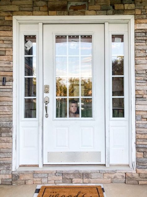 Front Door With 2 Side Panels, Houses With Side Entrances, White Front Door Exterior, Front Doors With Side Lights, White Exterior Door, Full Glass Front Door, Fromt Doors, Front Door Sidelights, Glass Front Doors