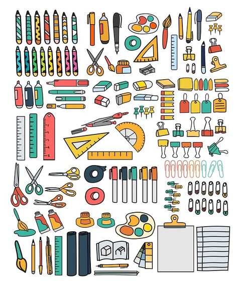 Vector set of stationery doodle style | free image by rawpixel.com Stationary Doodles, Doodles School, Doodle Challenge, Stationary Stickers, Gacha Props, Paper Dolls Diy, Props Art, Paper Doll Template, Doodle Style