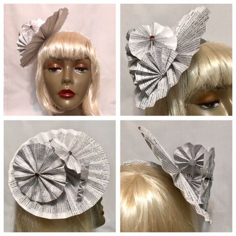 A Diction Fairy fascinator, made with the help of this post: https://pin.it/o5pdsrdjnvkwj5. #fascinator #paperhat #diyhat #diyfascinator #paperfashion #dictionfairy #halloween Paper Fascinator, Recycled Costume, Newspaper Hat, Diy Fascinator, Recycled Costumes, Paper Hats, Paper Fashion, Paper Hat, Diy Hat