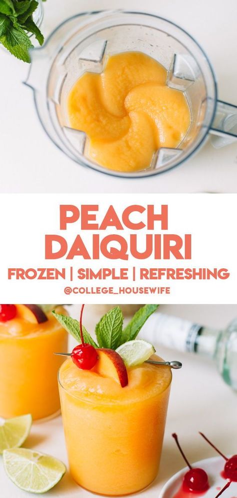 Peach Colada Recipe, Peach Daiquiri Recipe Frozen, Frozen Peach Daiquiri Recipe, Peach Frozen Drinks, White Peach Drink Recipes, Frozen Daquiri Recipe Alcohol, Daiquiris Recipe Frozen, Frozen Cocktails Rum, Peach Drink Recipes Alcoholic