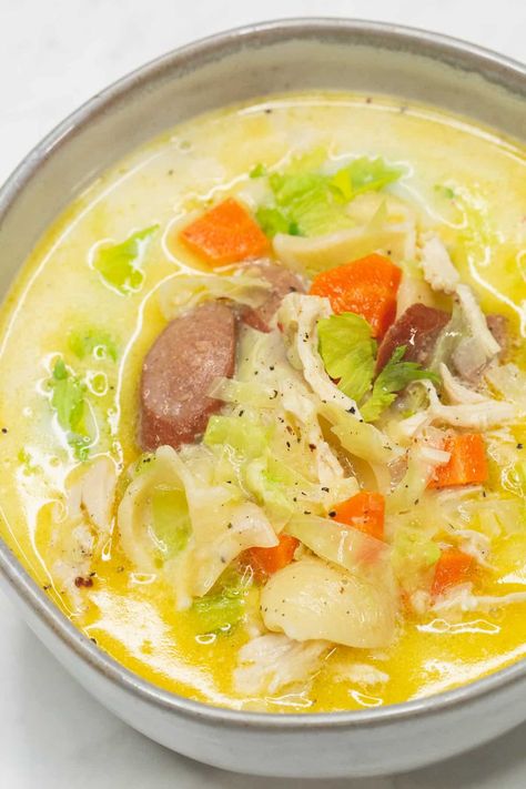 Sopas Recipe - Recipes by Nora Chicken Macaroni Soup Filipino, Filipino Sopas Recipe, Sopas Recipe Filipino, Sopas Filipino, Chicken Sopas Recipe, Soup With Shredded Chicken, Chicken Sopas, Chicken Macaroni Soup, Macaroni Soup Recipes