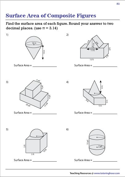 Surface Area of Composite Figures Worksheets Area Of Composite Figures, Composite Figures, Composite Shapes, Volume Worksheets, Adding Integers, Area Worksheets, Find The Perimeter, Rectangular Prism, Geometry Worksheets