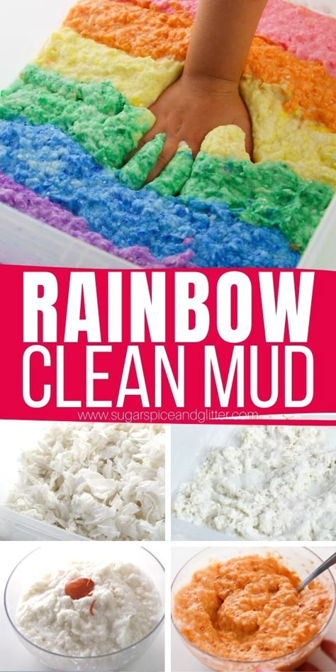 How to Make Rainbow Clean Mud: Squishy Sensory Fun Diy Sensory Materials, Messy Sensory Play For Preschoolers, Non Toxic Sensory Activities, Sensory Materials Preschool, Hands On Sensory Activities, Sensory Exploration For Preschool, Mess Making Activities, Fun Messy Play Activities, Sensory Recipes For Kids