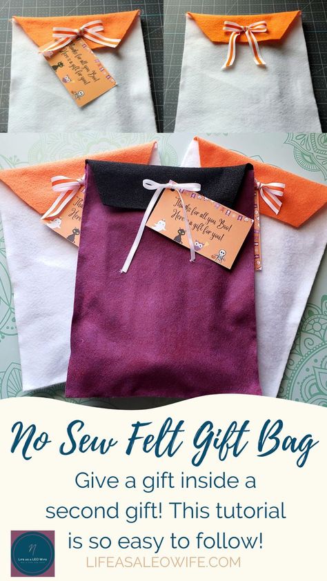 Make these adorable no sew gift bags with sheets of felt. This tutorial is so easy to follow with pictures and a video to help you along the way! You can use these for Christmas, birthdays, & other holidays, and they're basically a second gift! The recipient can use them over & over. I made them for my sons' teachers to put a little Halloween gift in, & they're perfect! Felt Gift Bags Diy, Sew Gift Bags, Diy Goodie Bags, Gift Bag Tutorial, Sew Felt, Kid Halloween, Leo Wife, Halloween Gift Bags, Gift Bags Diy