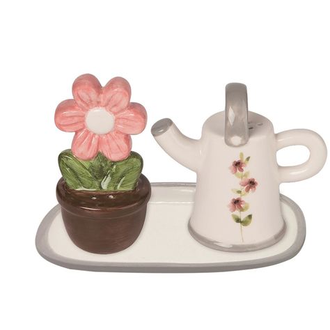 This beautiful set from Transpac's Cottage Lane collection is sure to bring some added flair to your Spring season! Designed by Kim Sharp and made of Dolomite, this s/p sets is the perfect addition to your home assortment - or a gift for those who matter most! Cute Kitchen Supplies, Watering Can Aesthetic, Unique Salt And Pepper Shakers, Salt And Pepper Shakers Ceramic, Cottagecore Apartment, Flower Kitchen Decor, Cute Salt And Pepper Shakers, Pink Flower Pot, Beautiful Kitchenware