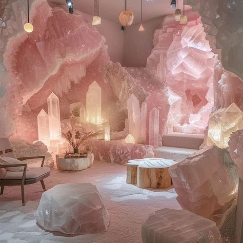 Would you live in this rose quartz room! 🥀 Comment your favorite room? 1,2,3 or 4? This is images are generated using AI #crystals #gemstone #homedecor Fantasy Bedrooms, Aesthetic Settings, Crystal Living Room, Magical Room, Aesthetic Business, Fantasy Bedroom, Crystal Room, Palace Interior, Pretty Landscapes